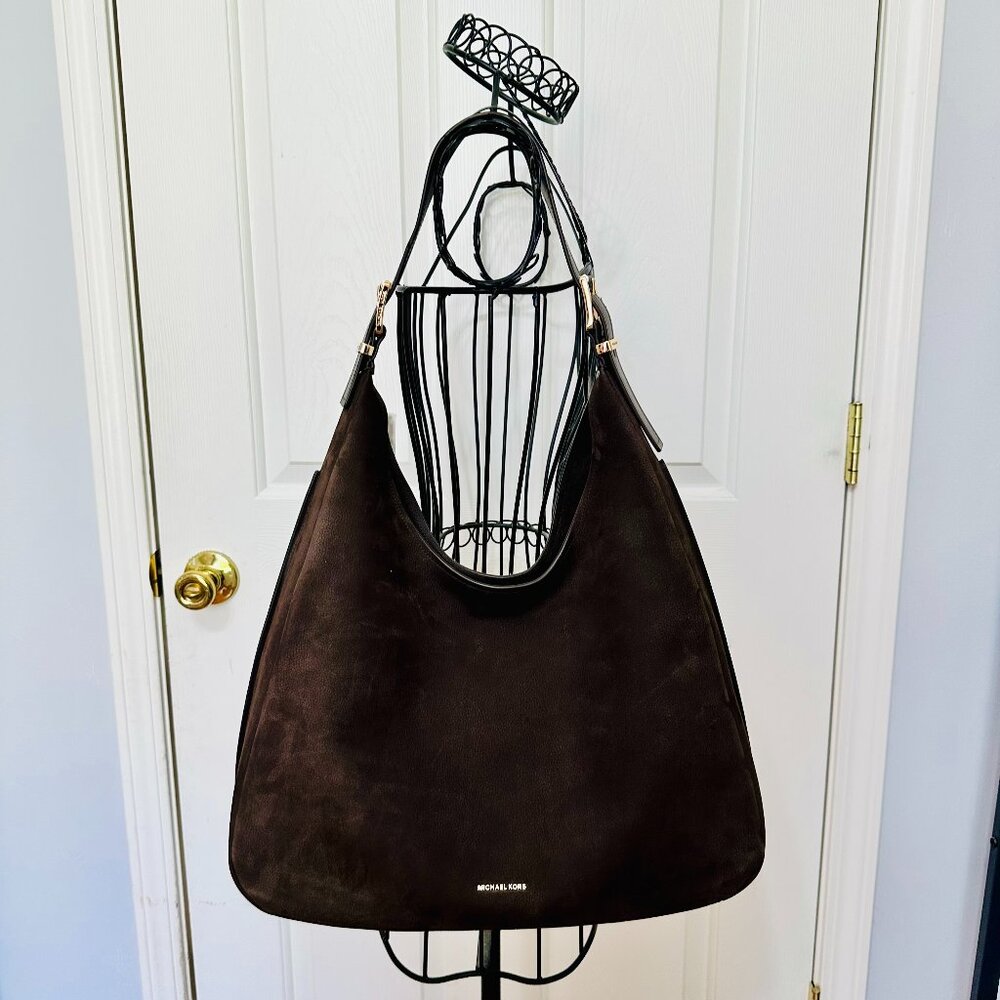 MICHEL KORS NOLITA CHOCOLATE SUEDE LEATHER  LARGE HOBO SHOULDER BAG TOTE $398